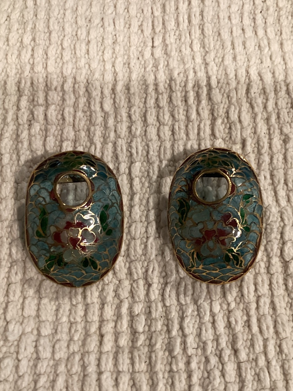 Vintage Plique a Jour Floral Bead Pair - Blue and Green